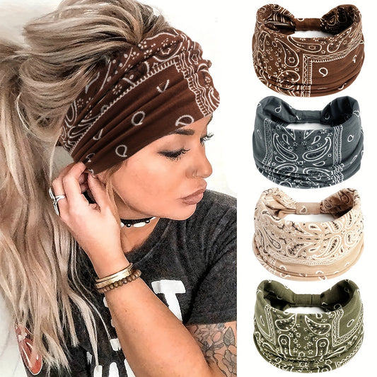 【30% OFF】Bandă pentru cap pentru femei, cu model Boho Paisley, cu noduri - Bentita lată, elastică pentru yoga, alergare și sport - Accesorii elegante pentru păr