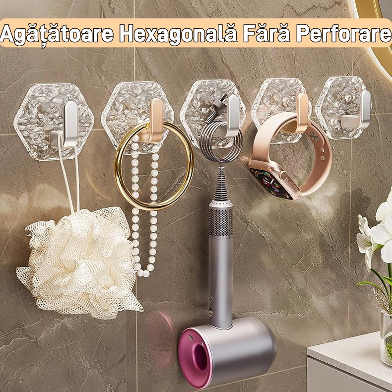 💥🏆【10 Buc】Agățătoare Hexagonală Fără Perforare.💎 Design Elegant cu Textură Iceberg – Lipire Ușoară, Suport Puternic, Fără Urme 🛁