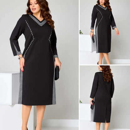 [S-5XL]Rochie elegantă cu design în două culori și decolteu în V pentru toamnă-iarnă | Croi care subțiază și alungește silueta, confortabilă și călduroasă